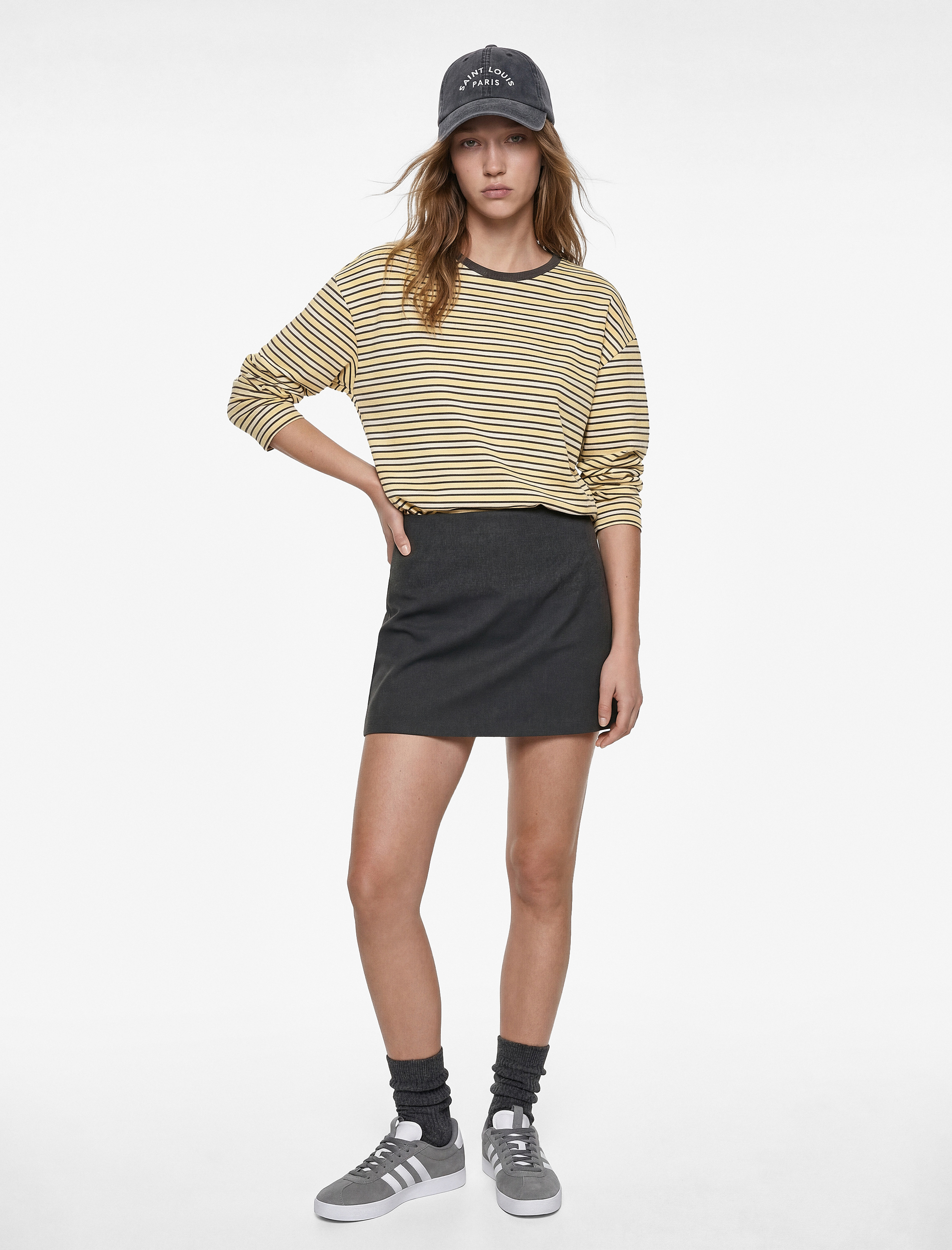   Pamuklu Rahat Kalıp Uzun Kollu Bisiklet Yaka Çizgili Tişört