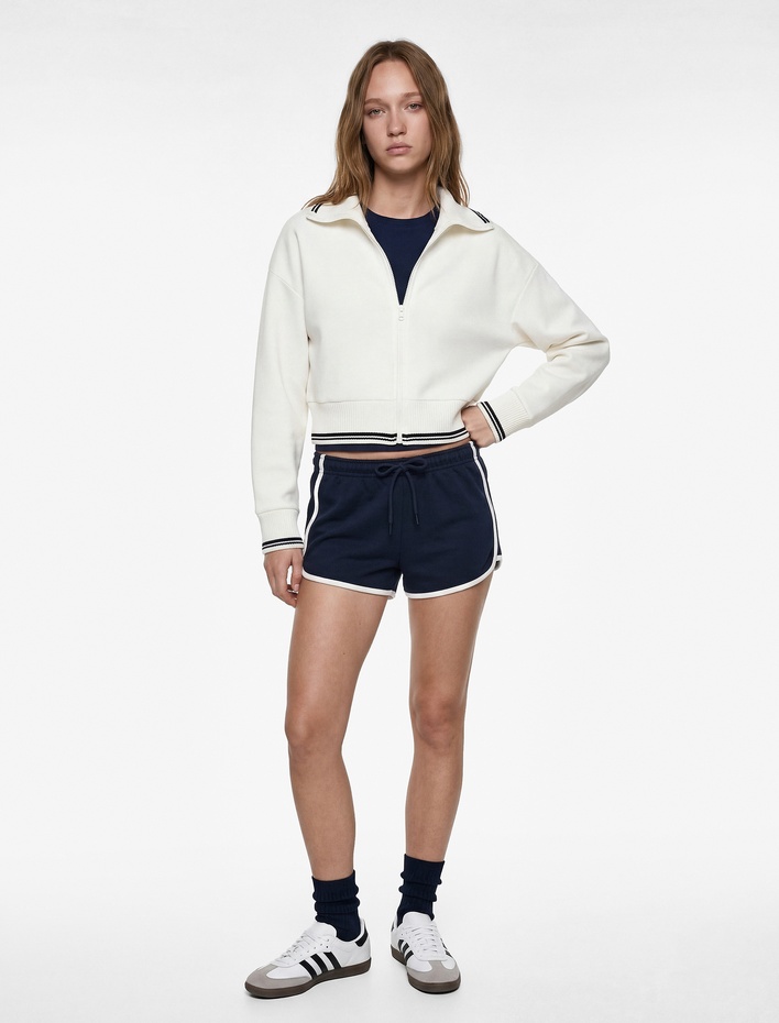  Şardonlu Dik Yaka Biyeli Uzun Kollu Fermuarlı Sweatshirt