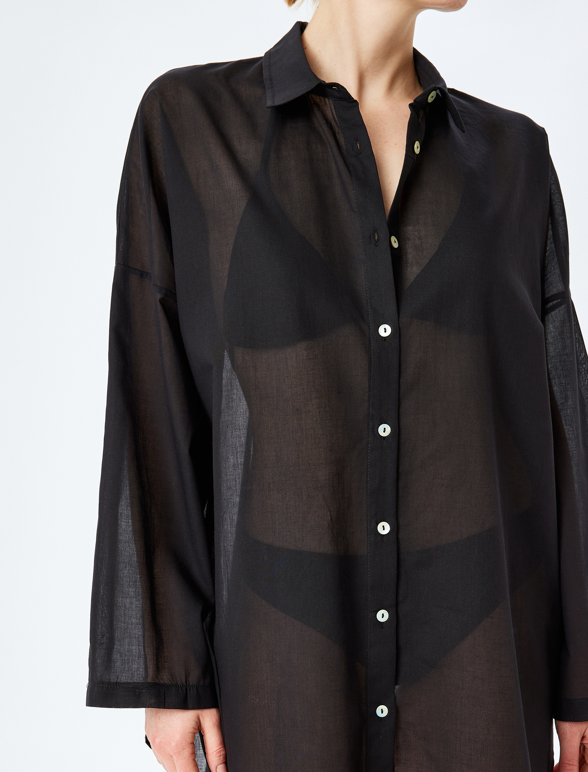   Rahat Kalıp Pamuklu Uzun Kollu Gömlek Plaj Elbisesi