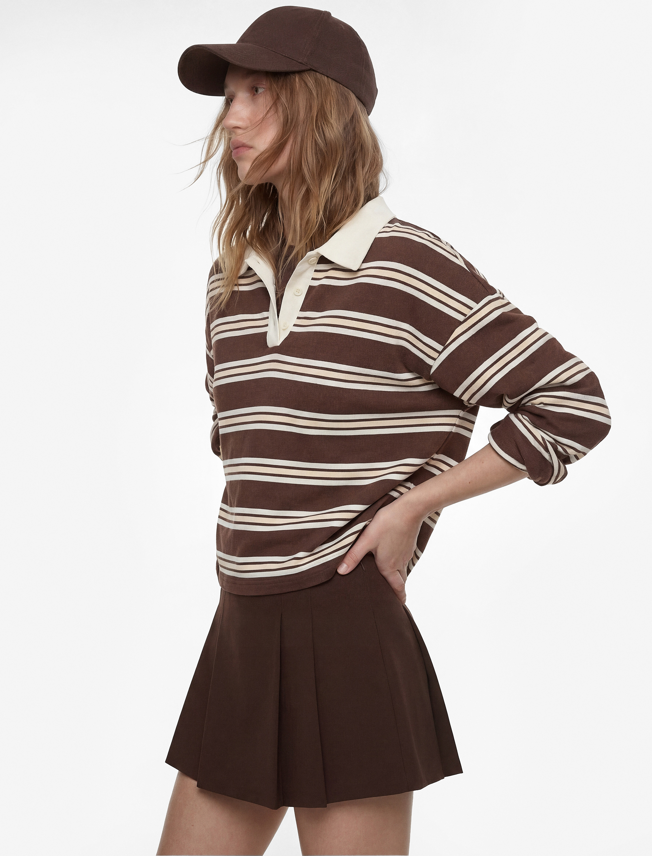   Şardonlu Uzun Kollu Polo Yaka Çizgili Sweatshirt