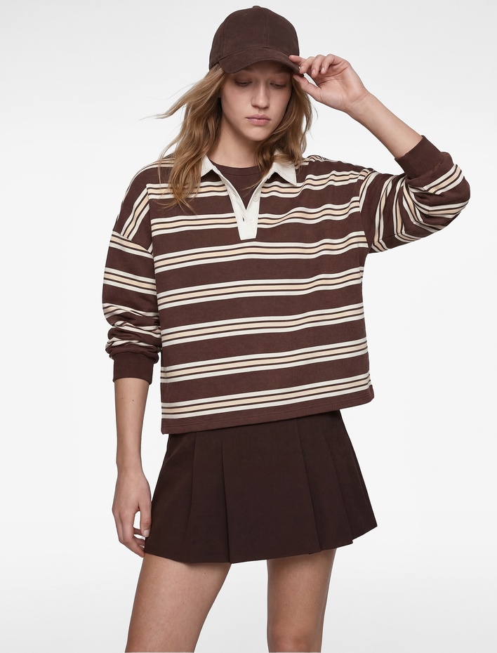  Şardonlu Uzun Kollu Polo Yaka Çizgili Sweatshirt