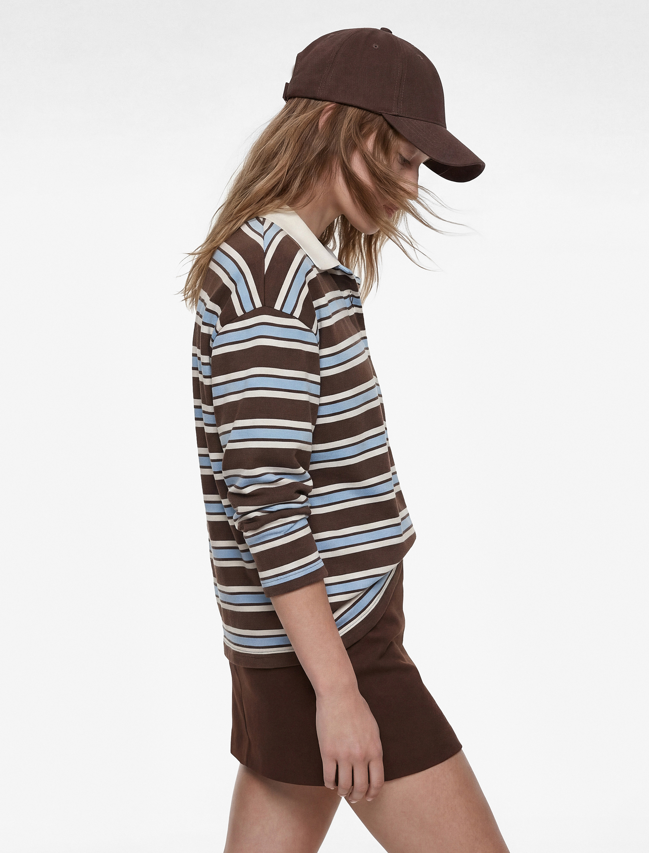   Rahat Kalıp Pamuklu Düğmeli Uzun Kollu Polo Yaka Çizgili Tişört