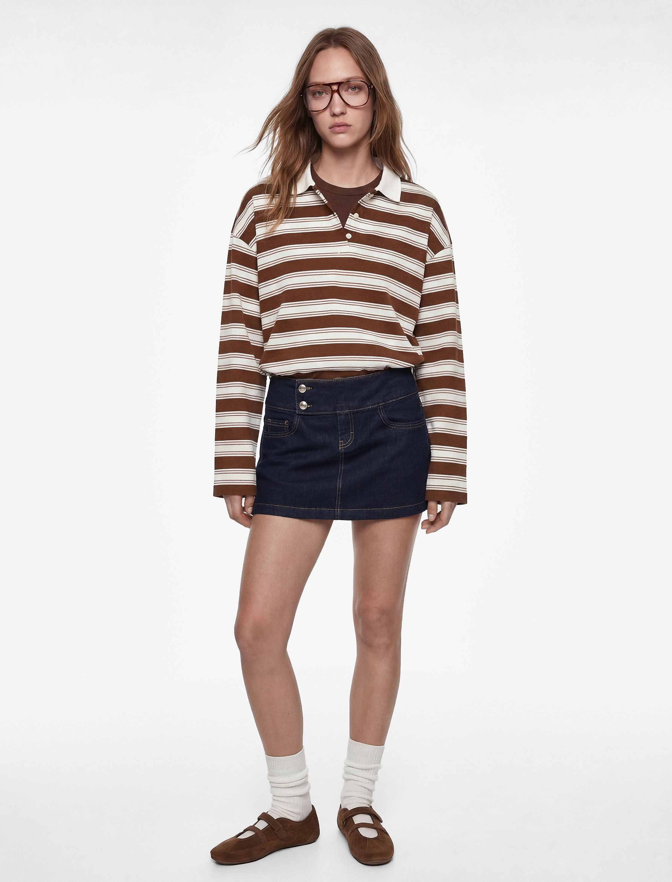   Rahat Kalıp Pamuklu Düğmeli Uzun Kollu Polo Yaka Çizgili Tişört