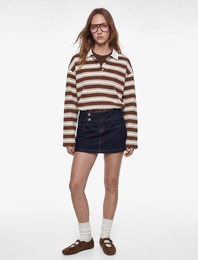 Rahat Kalıp Pamuklu Düğmeli Uzun Kollu Polo Yaka Çizgili Tişört