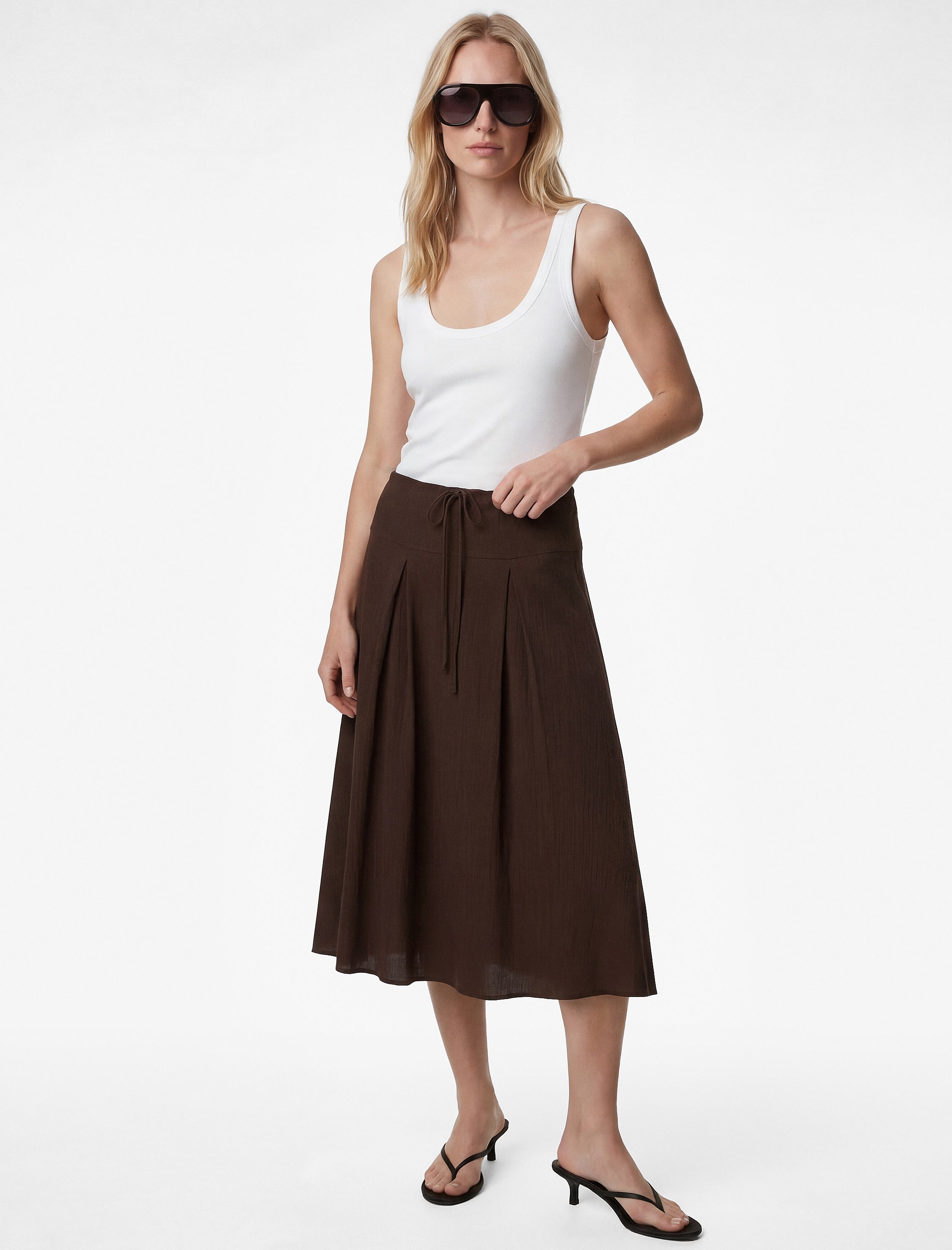   Viskon Kumaş Beli Bağlamalı Dokulu Çan Kesim Midi Etek