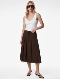 Viskon Kumaş Beli Bağlamalı Dokulu Çan Kesim Midi Etek