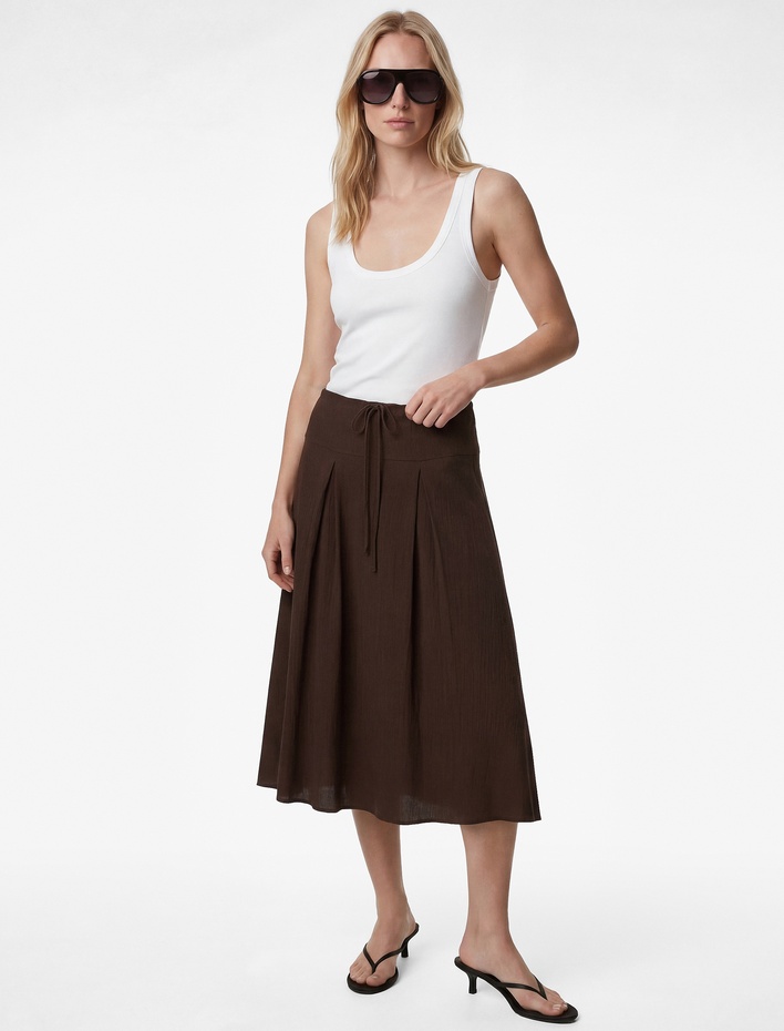  Viskon Kumaş Beli Bağlamalı Dokulu Çan Kesim Midi Etek