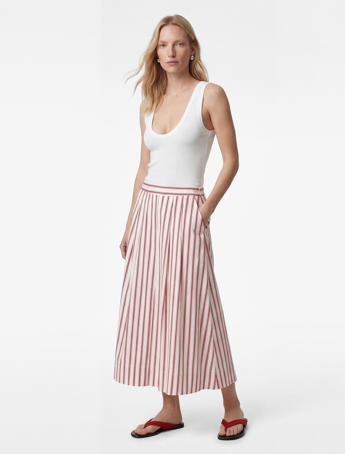  Pamuklu Cepli Kloş Midi Çizgili Poplin Etek