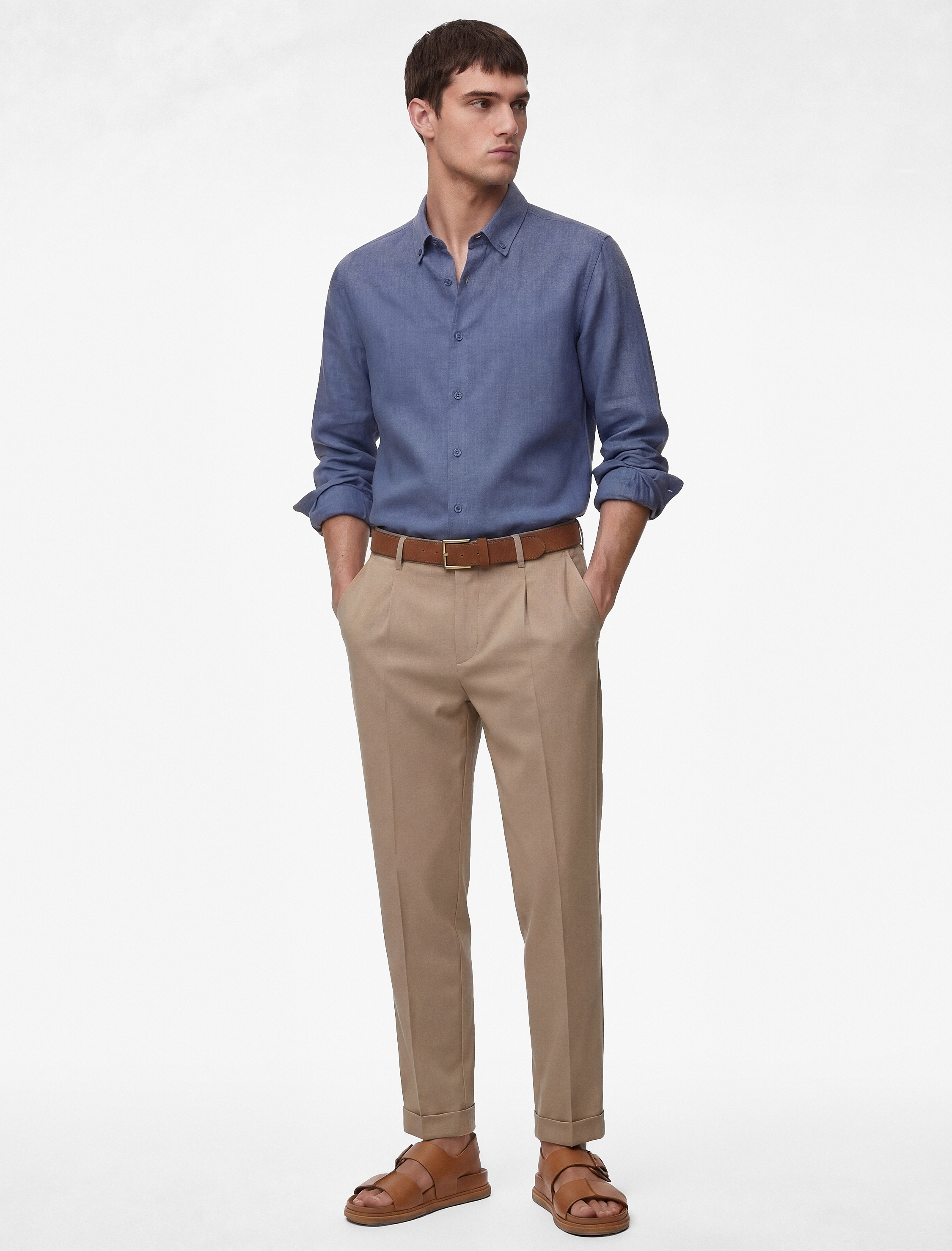 Regular Fit Düğmeli Yaka Uzun Kollu Keten Gömlek