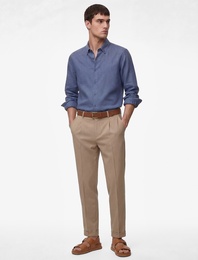 Regular Fit Düğmeli Yaka Uzun Kollu Keten Gömlek