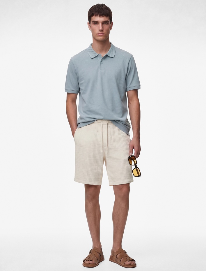  Pamuklu Kısa Kollu Pike Kumaş Düğmeli Polo Yaka Slim Fit Tişört