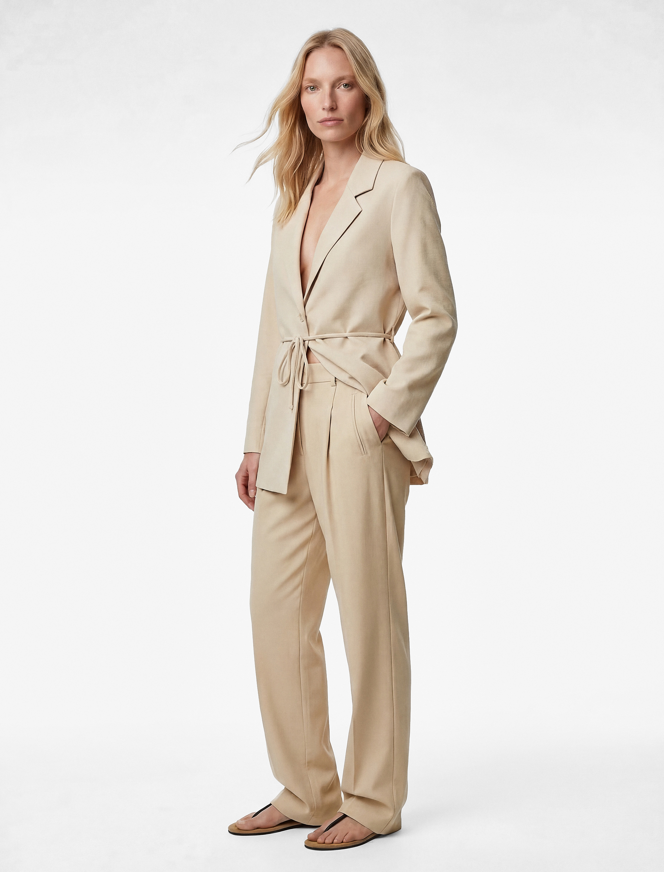   Viskon Kumaş Uzun Kollu Düğmeli Beli Bağcıklı Blazer Ceket