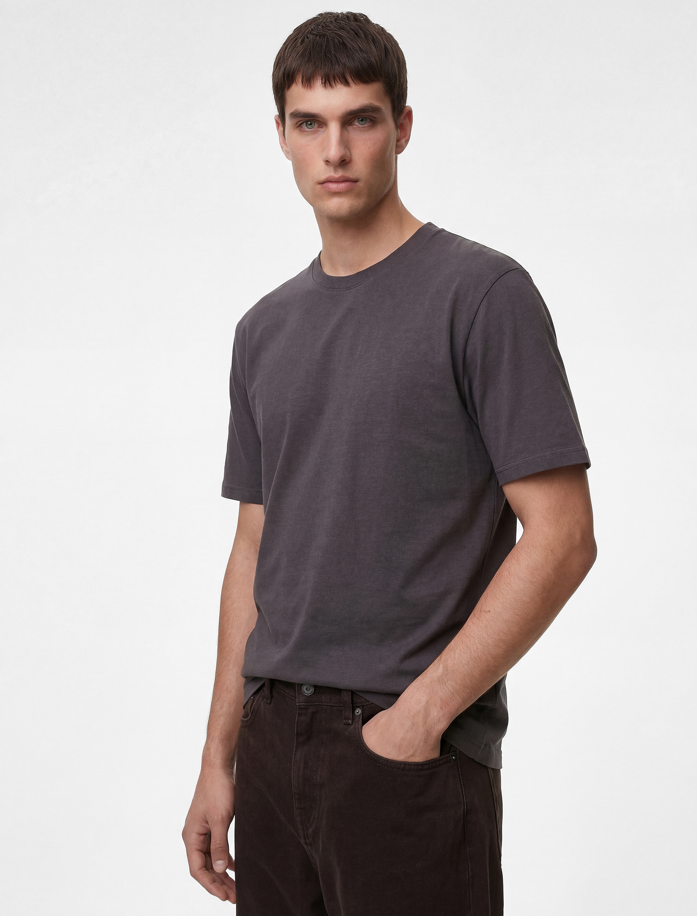 Regular Fit Kısa Kollu Bisiklet Yaka Basic Pamuklu Tişört - Görsel 2