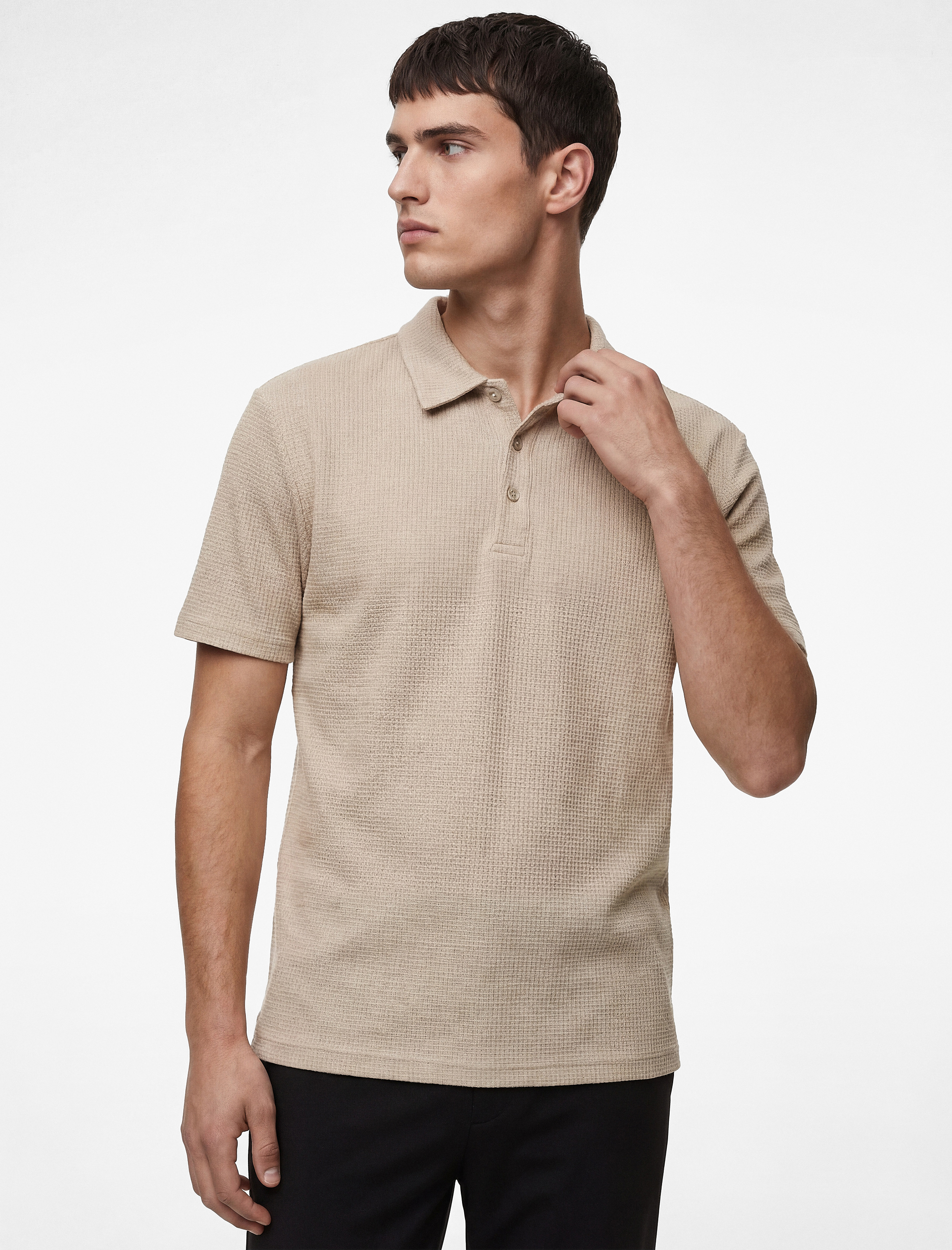 Regular Fit Kısa Kollu Dokulu Pamuklu Polo Yaka Tişört - Görsel 2