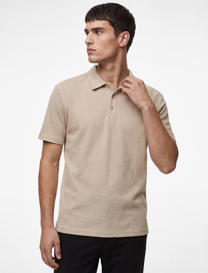  Regular Fit Kısa Kollu Dokulu Pamuklu Polo Yaka Tişört