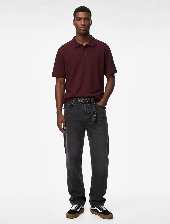  Pamuklu Kısa Kollu Pike Kumaş Düğmeli Polo Yaka Slim Fit Tişört