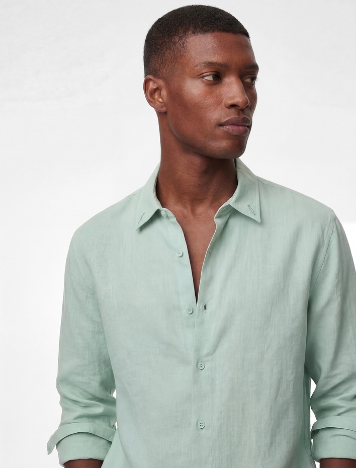  Regular Fit Düğmeli Yaka Uzun Kollu Keten Gömlek