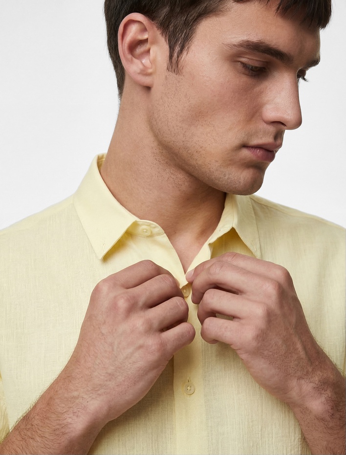  Regular Fit Düğmeli Yaka Uzun Kollu Keten Gömlek