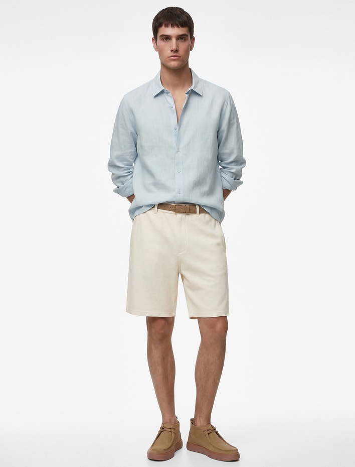  Regular Fit Düğmeli Yaka Uzun Kollu Keten Gömlek