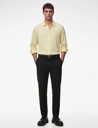 Regular Fit Düğmeli Yaka Uzun Kollu Keten Gömlek