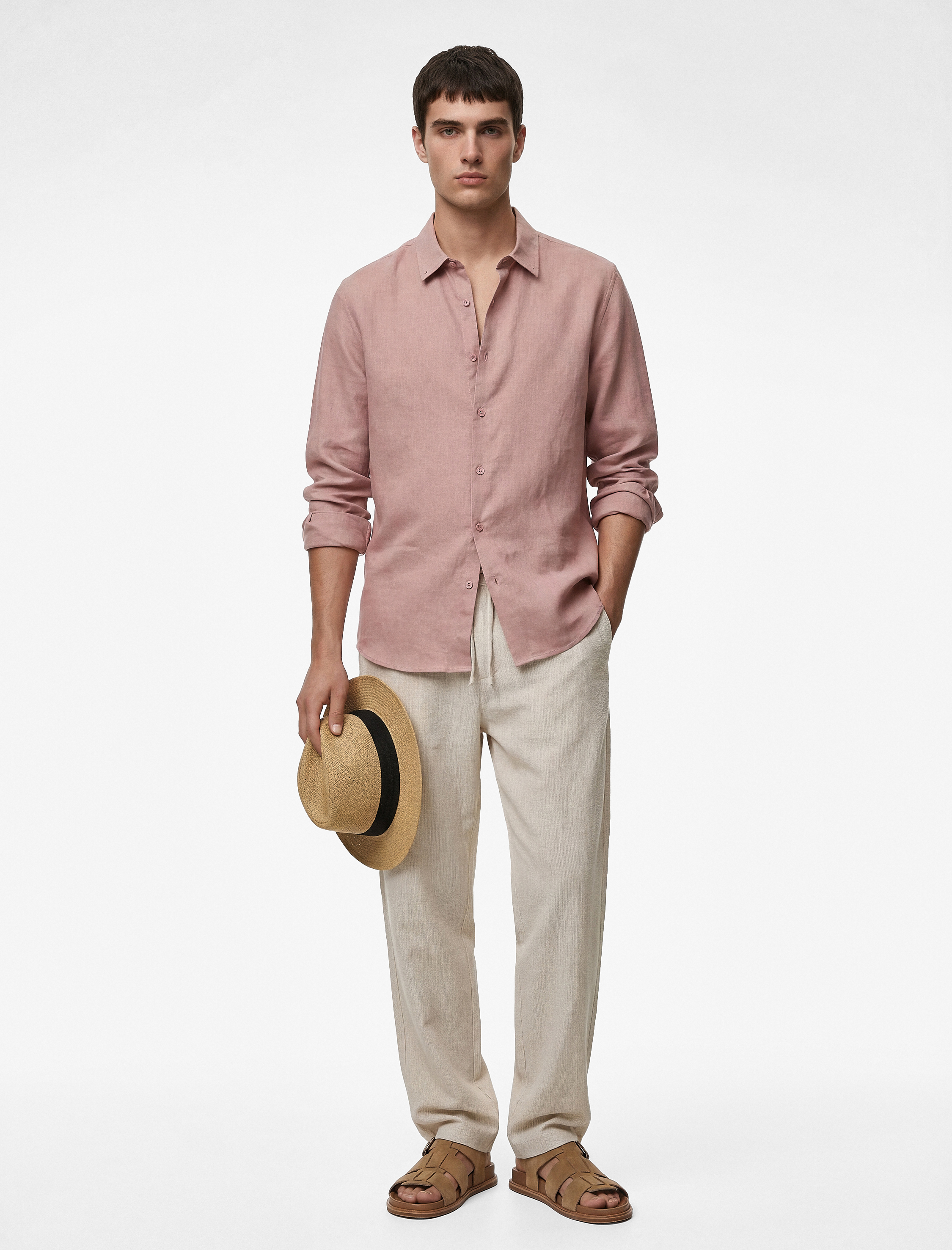 Regular Fit Düğmeli Yaka Uzun Kollu Keten Gömlek