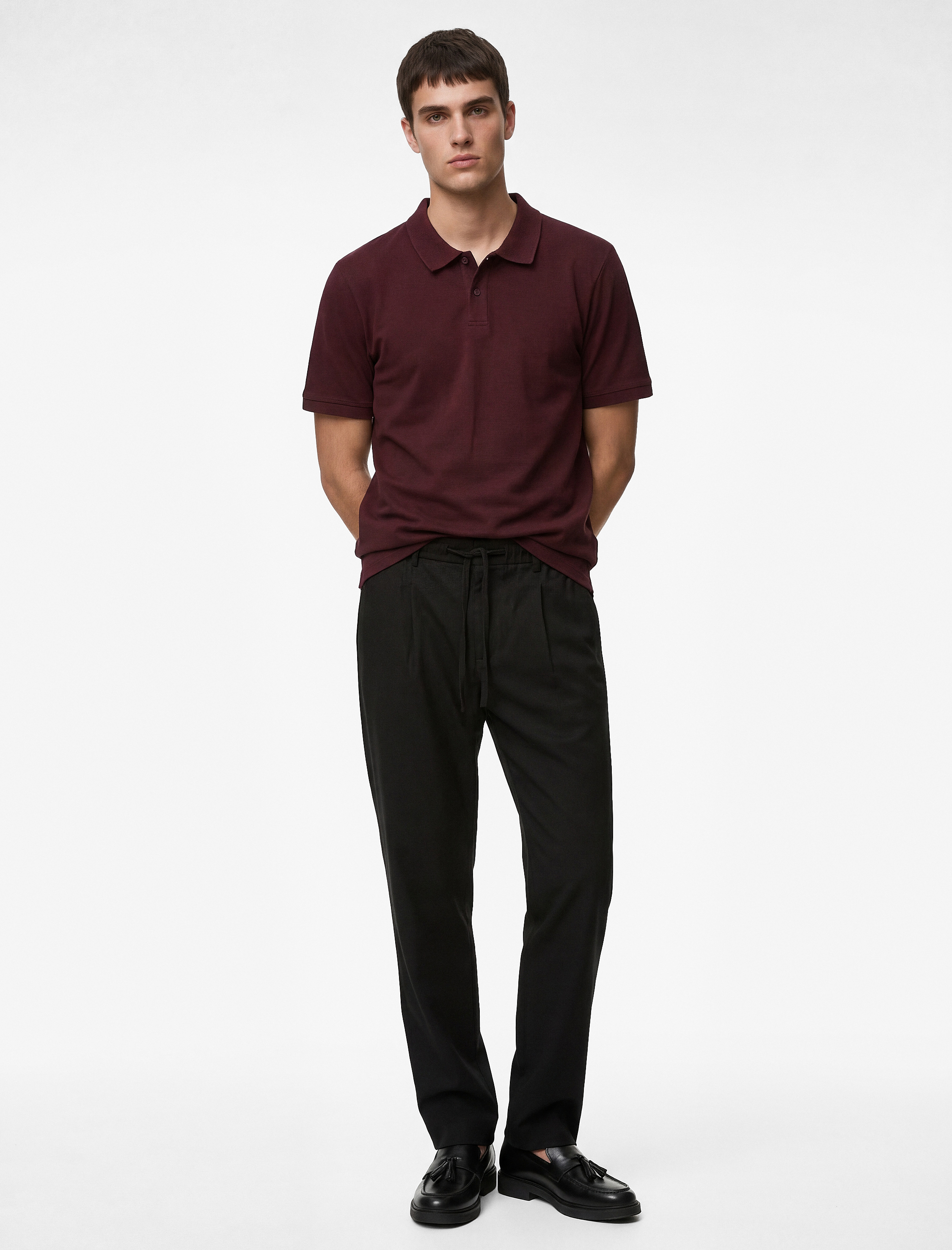   Regular Fit Beli Lastikli Düğmeli Düz Paça Keten Karışımlı Chino Pantolon