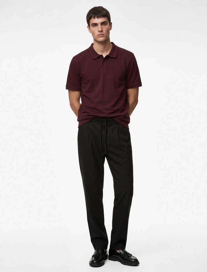  Regular Fit Beli Lastikli Düğmeli Düz Paça Keten Karışımlı Chino Pantolon