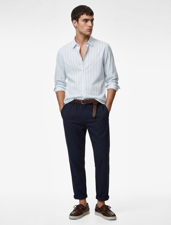  Düğmeli Pamuklu Regular Fit Uzun Kollu Klasik Yaka Çizgili Gömlek