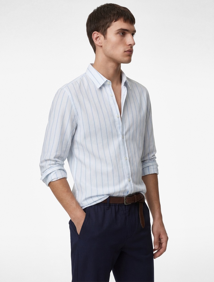  Düğmeli Pamuklu Regular Fit Uzun Kollu Klasik Yaka Çizgili Gömlek