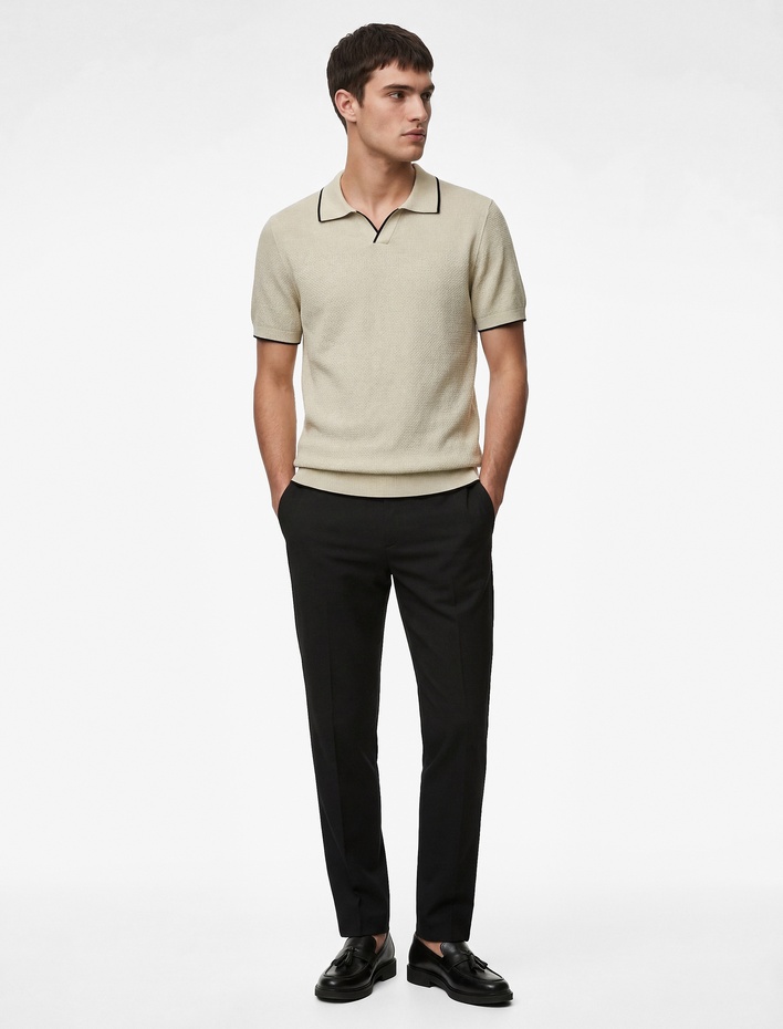  Regular Fit Pamuklu Çizgi Detaylı Polo Yaka Kısa Kollu Triko Tişört