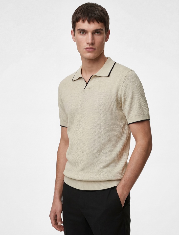  Regular Fit Pamuklu Çizgi Detaylı Polo Yaka Kısa Kollu Triko Tişört