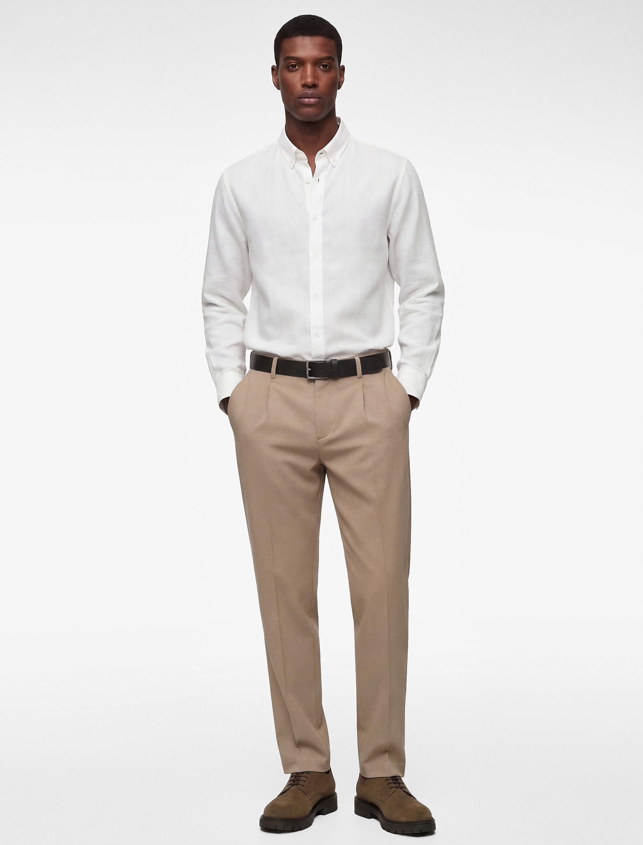 Regular Fit Düğmeli Yaka Uzun Kollu Keten Gömlek