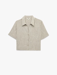 Regular Fit Kaçık Yaka Kısa Kollu Crop Gömlek