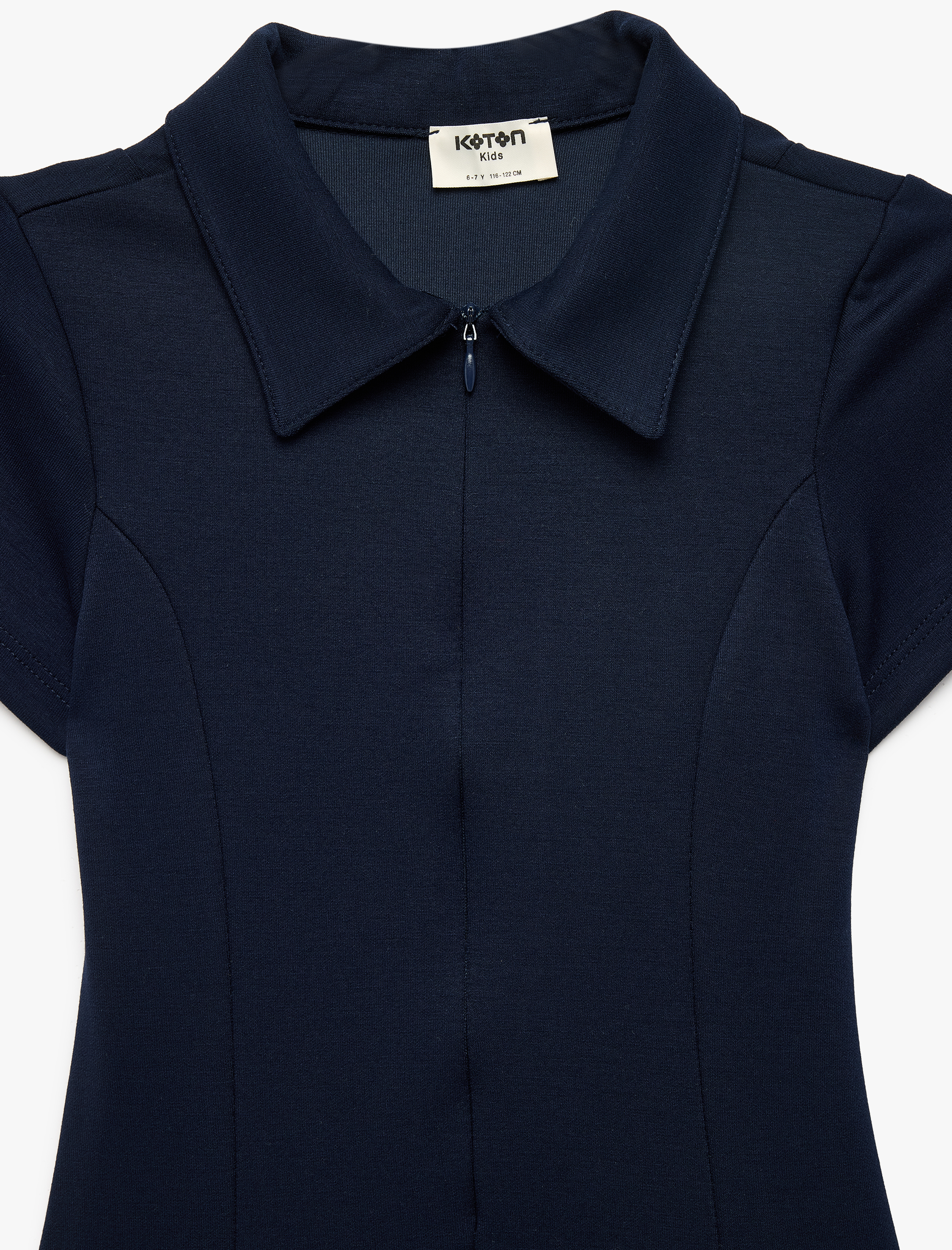  Kız Çocuk Viskon Karışımlı Fermuar Detaylı Kısa Kollu Gömlek Yaka Elbise