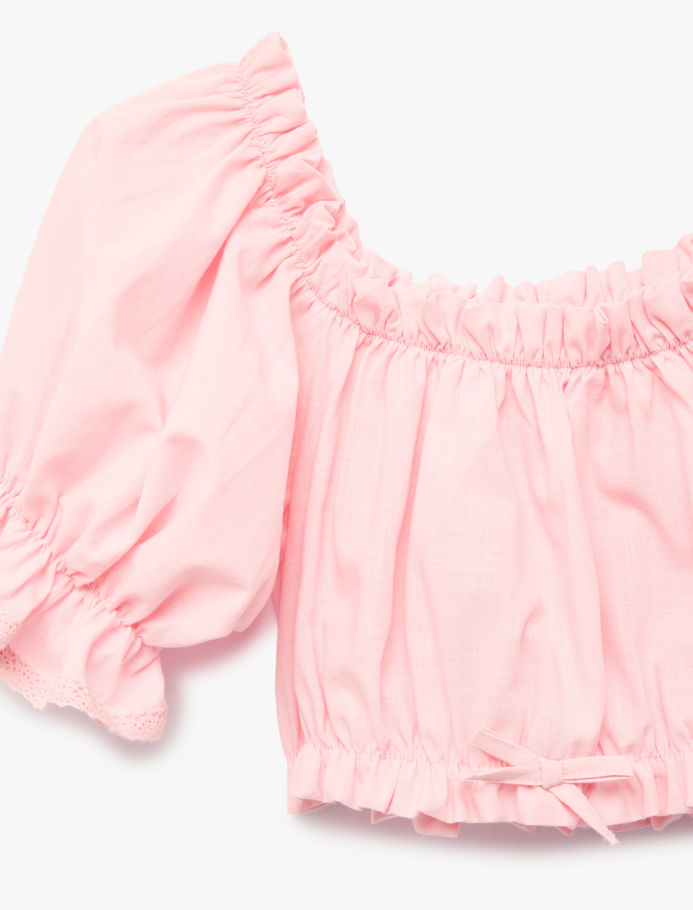  Kız Çocuk Kısa Kollu Straplez Yaka Gipeli Fırfırlı Pamuklu Bluz