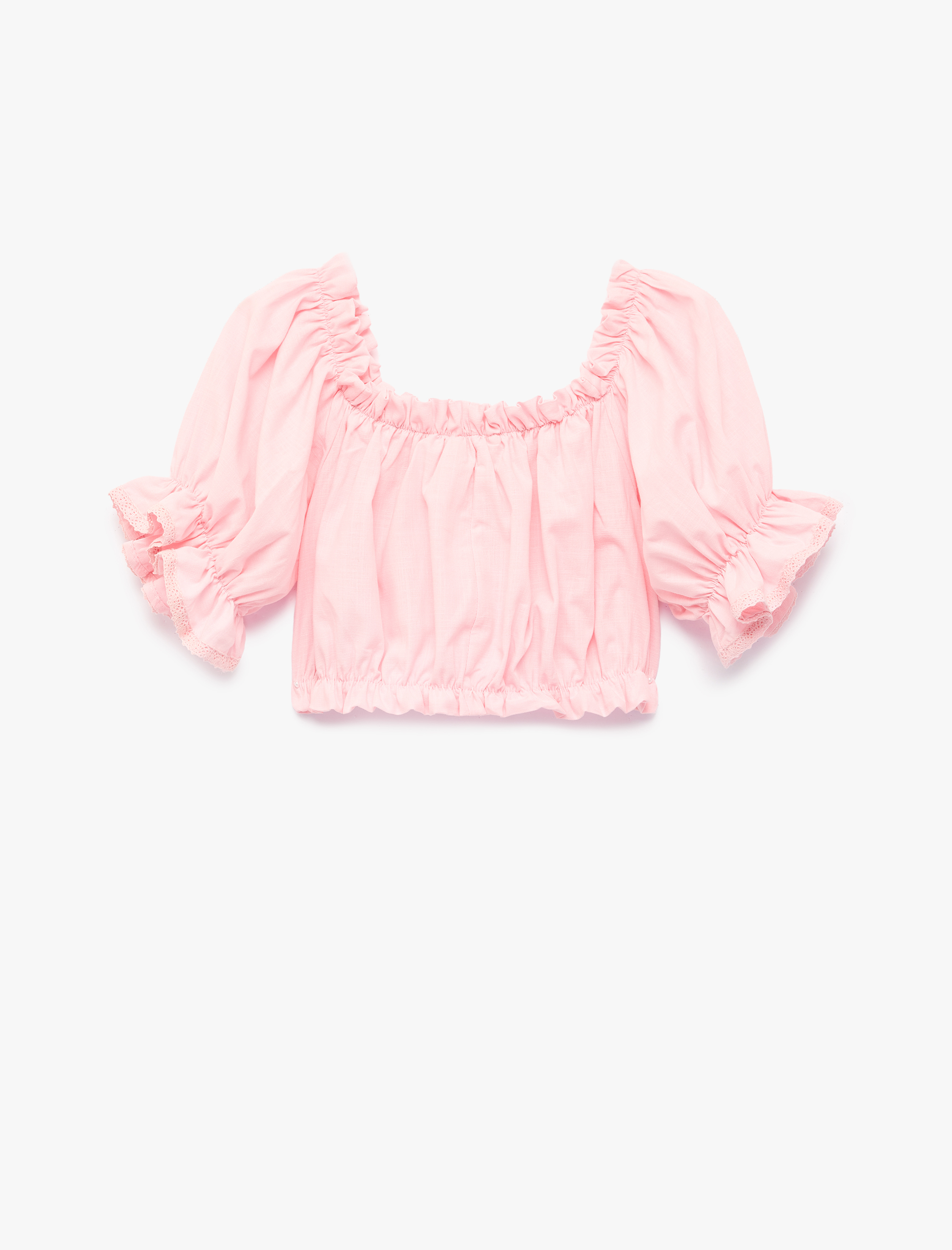  Kız Çocuk Kısa Kollu Straplez Yaka Gipeli Fırfırlı Pamuklu Bluz