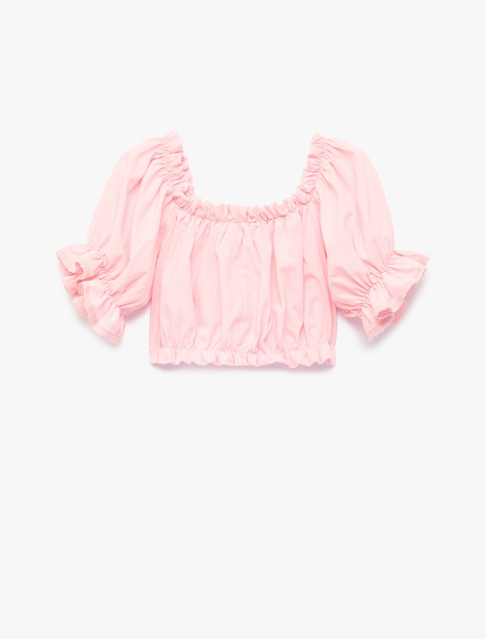 Kız Çocuk Kısa Kollu Straplez Yaka Gipeli Fırfırlı Pamuklu Bluz