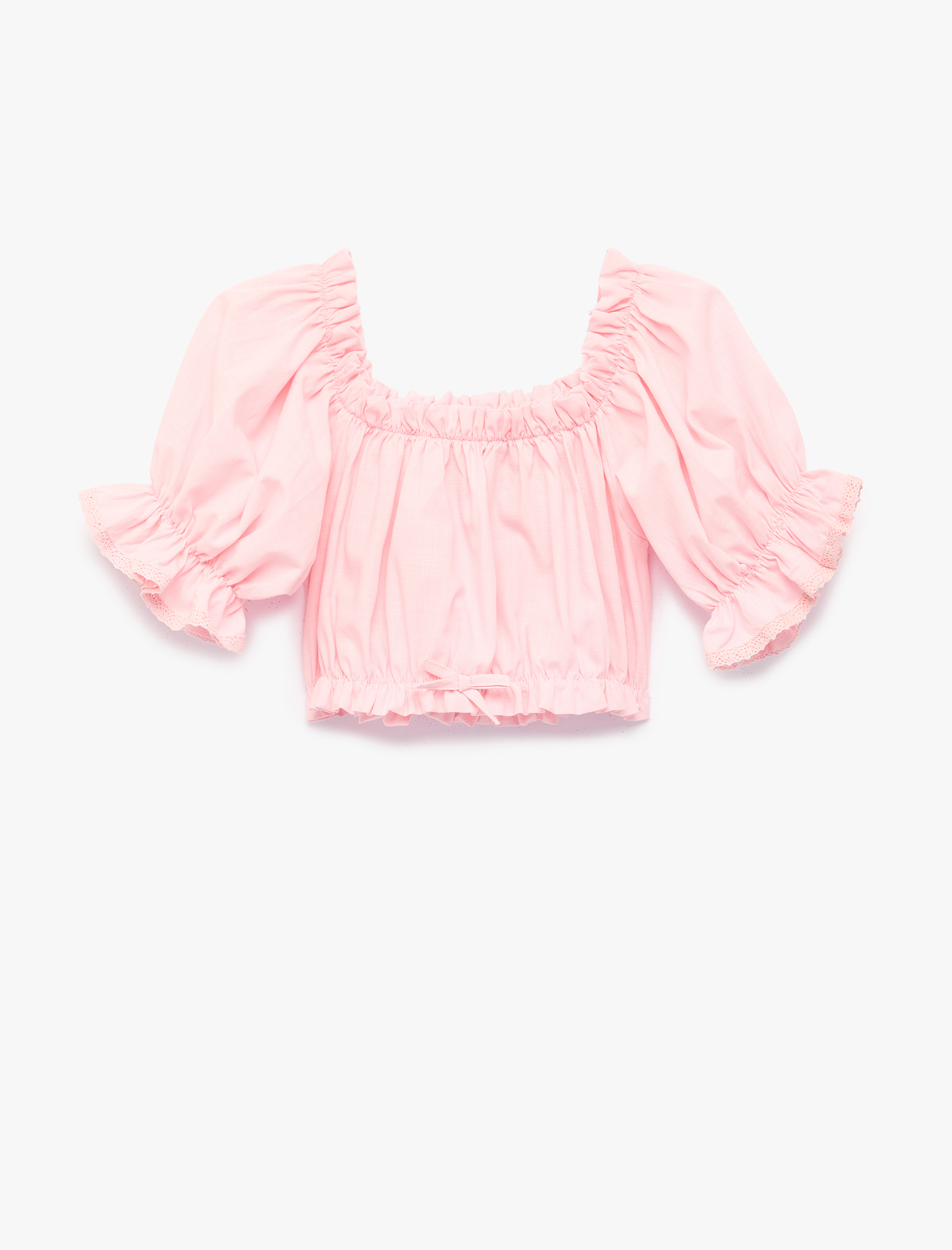  Kız Çocuk Kısa Kollu Straplez Yaka Gipeli Fırfırlı Pamuklu Bluz