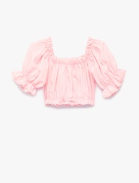 Kısa Kollu Straplez Yaka Gipeli Fırfırlı Pamuklu Bluz