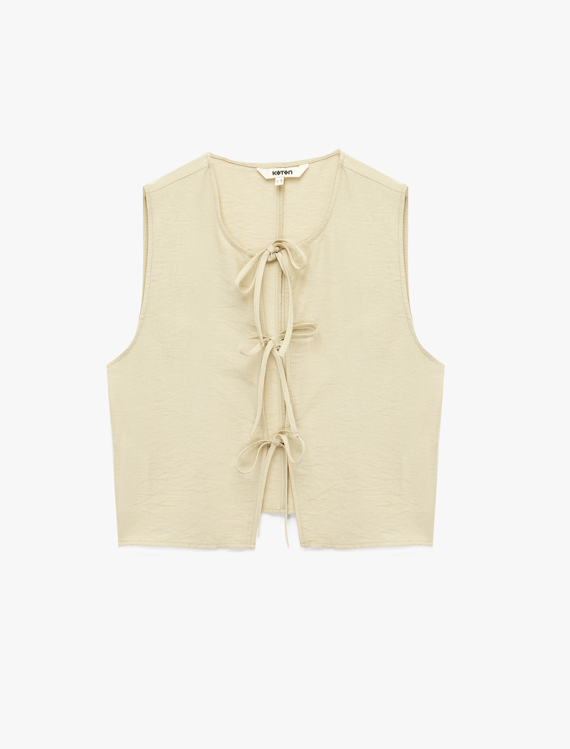   Önden Bağlamalı Fiyonk Detaylı Yuvarlak Yaka Viskon Crop Yelek