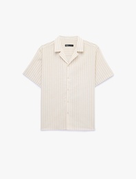 Regular Fit Kısa Kollu Pamuklu Devrik Yaka Çizgili Gömlek