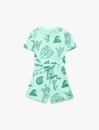 Pamuklu Kısa Kollu Bisiklet Yaka Baskılı Şort ve Tişört Seti - 2'li Takım