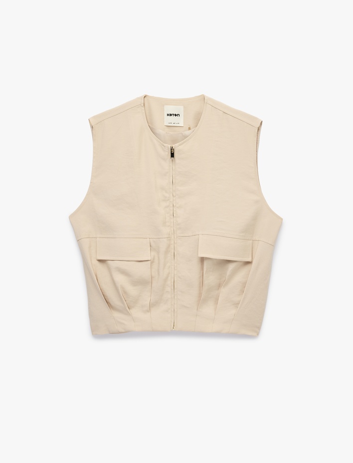  Bol Kalıp Kargo Cepli Bisiklet Yaka Fermuarlı Yelek