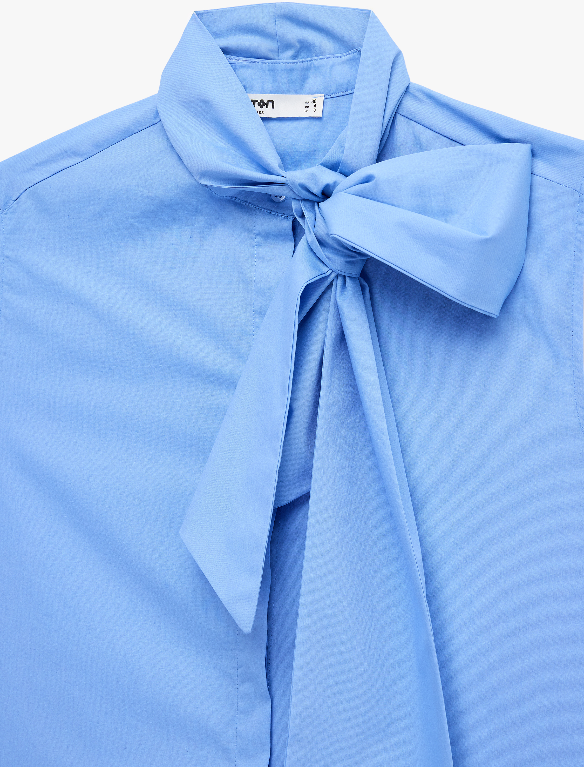   Kolsuz Dik Yaka Bağlama Detaylı Poplin Fiyonklu Bluz