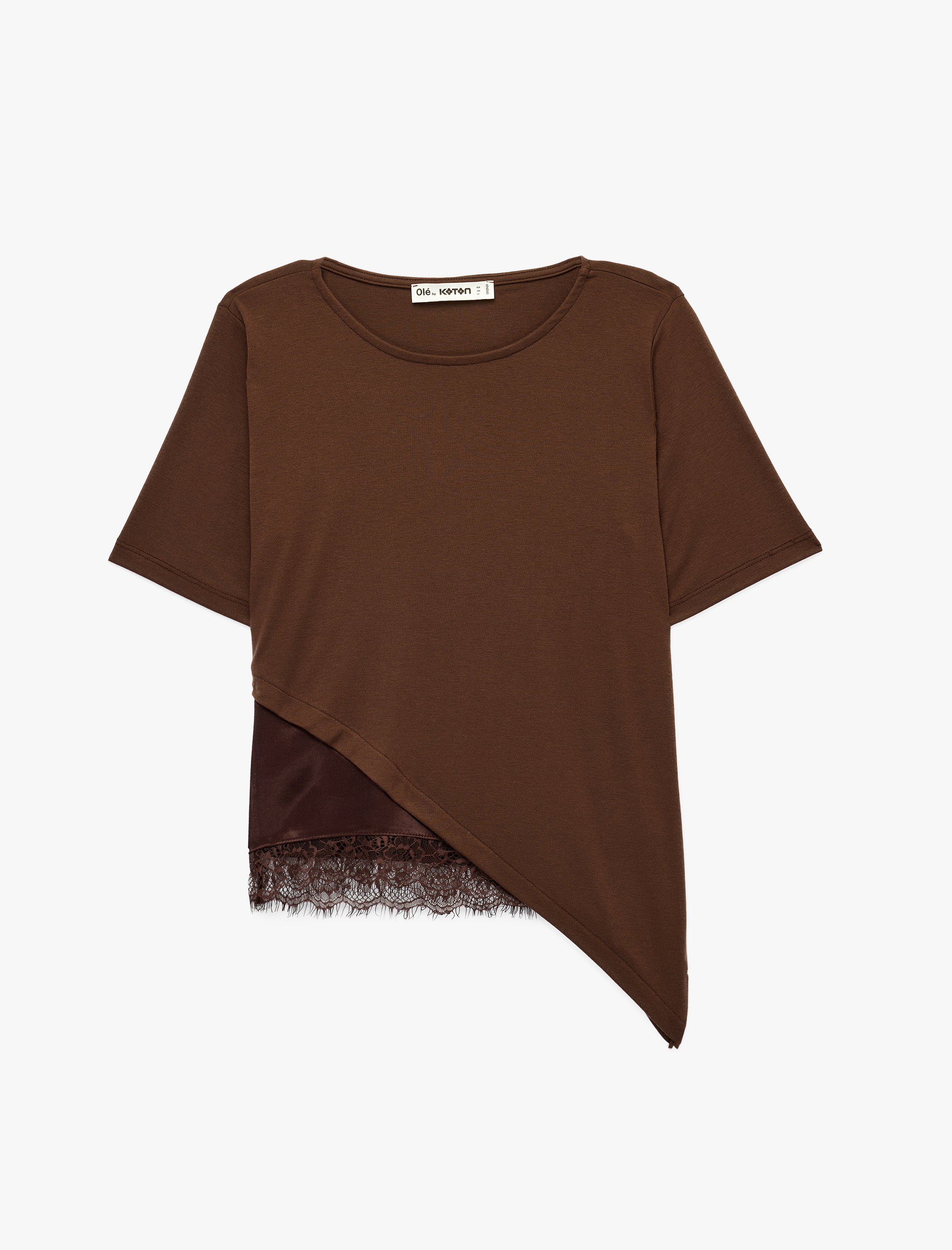   Kısa Kollu Bisiklet Yaka Asimetrik Kesim Dantelli Tişört