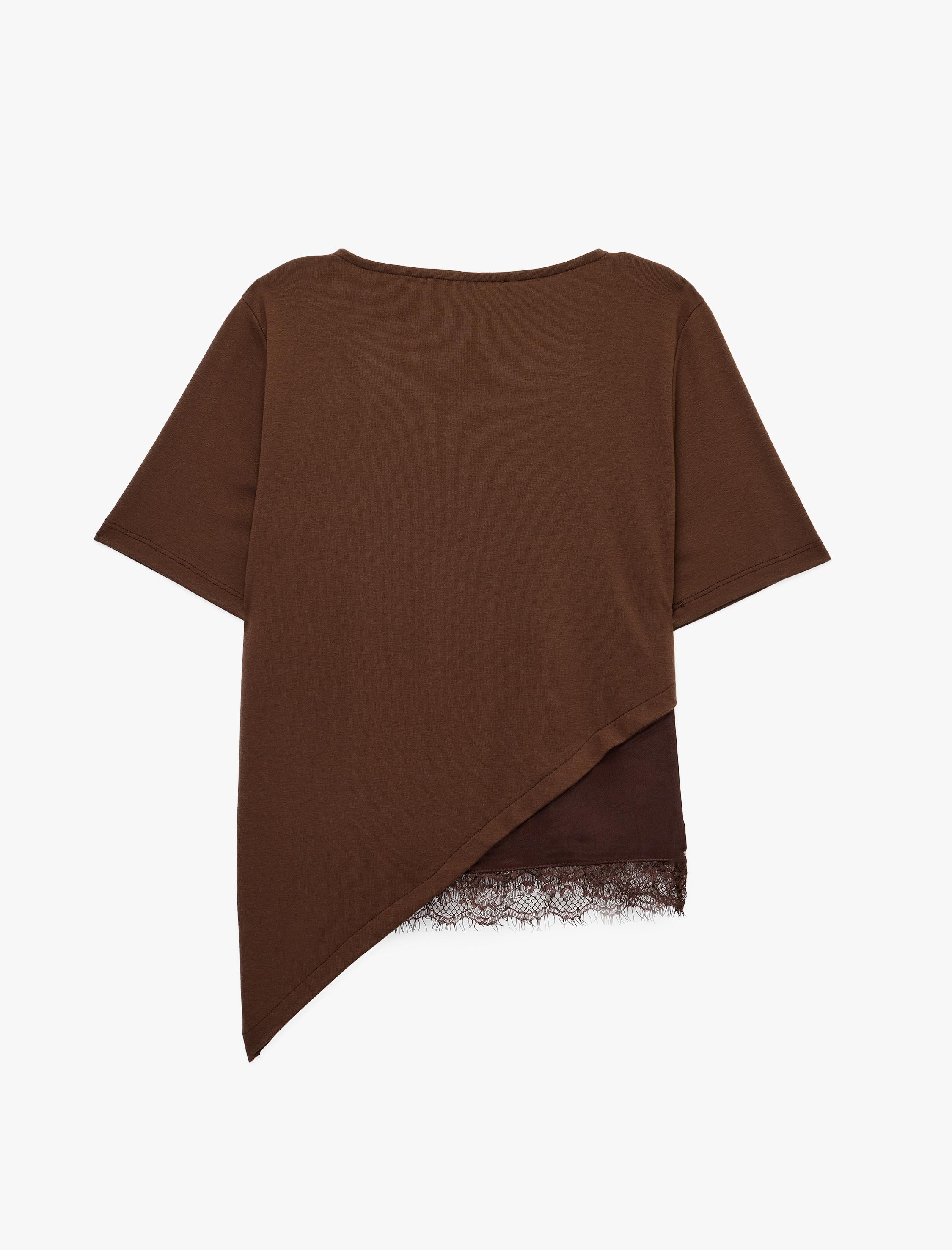   Kısa Kollu Bisiklet Yaka Asimetrik Kesim Dantelli Tişört