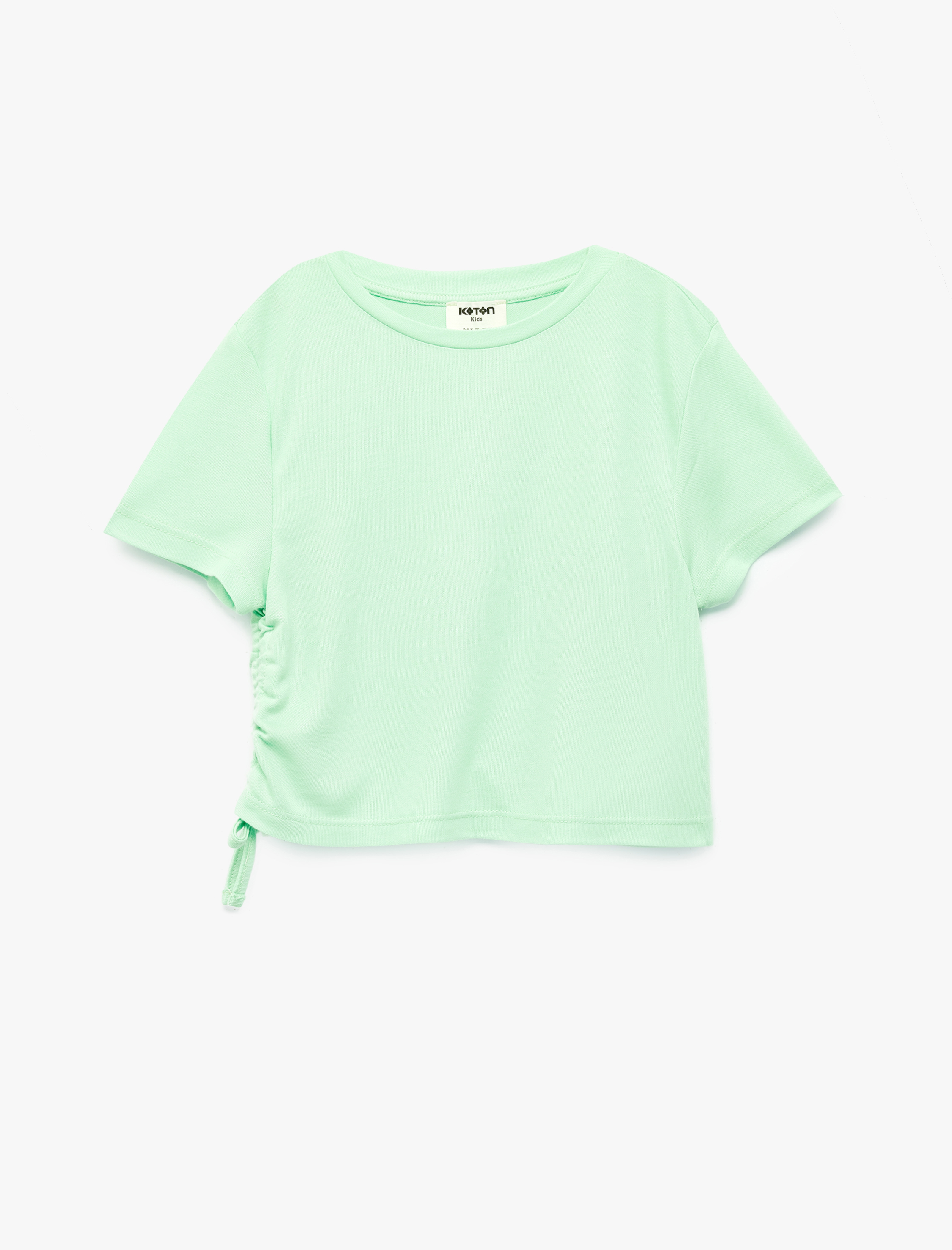  Kız Çocuk Modal Karışımlı Büzgü Detaylı Kısa Kollu Bisiklet Yaka Crop Tişört