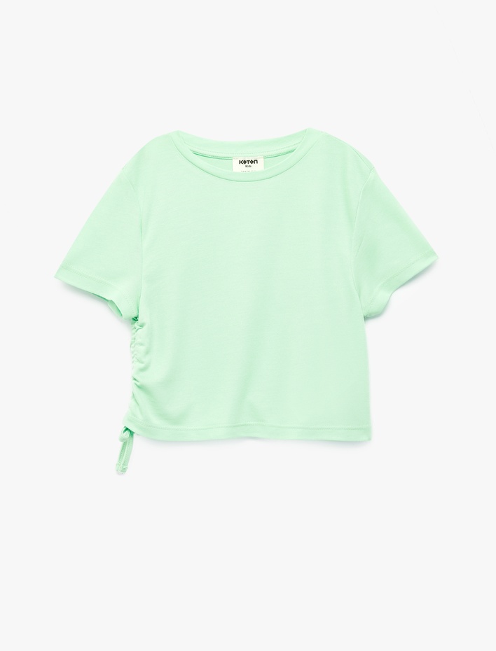 Kız Çocuk Modal Karışımlı Büzgü Detaylı Kısa Kollu Bisiklet Yaka Crop Tişört