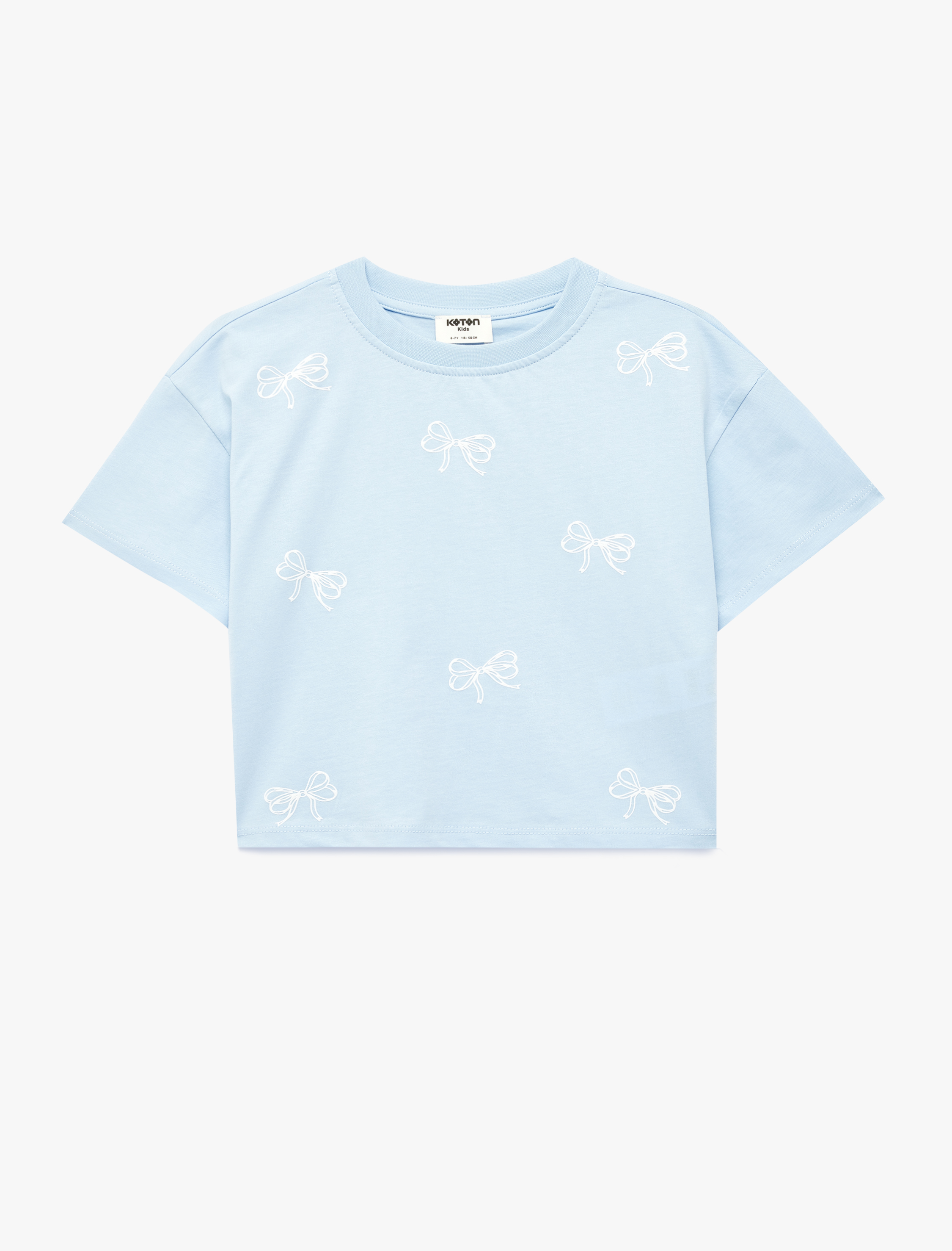  Kız Çocuk Kurdele Detaylı Pamuklu Kısa Kollu Bisiklet Yaka Tişört