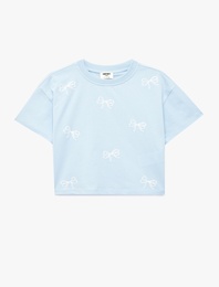 Kurdele Detaylı Pamuklu Kısa Kollu Bisiklet Yaka Tişört